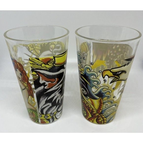 Ed Hardy 16oz Drinking Glass Christian Audigier Mermaid/Eagle & Tiger/Lei Girl - Picture 2 of 11